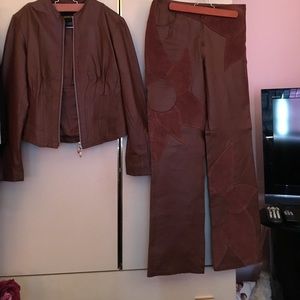 Brown leather embellished jacket and pants